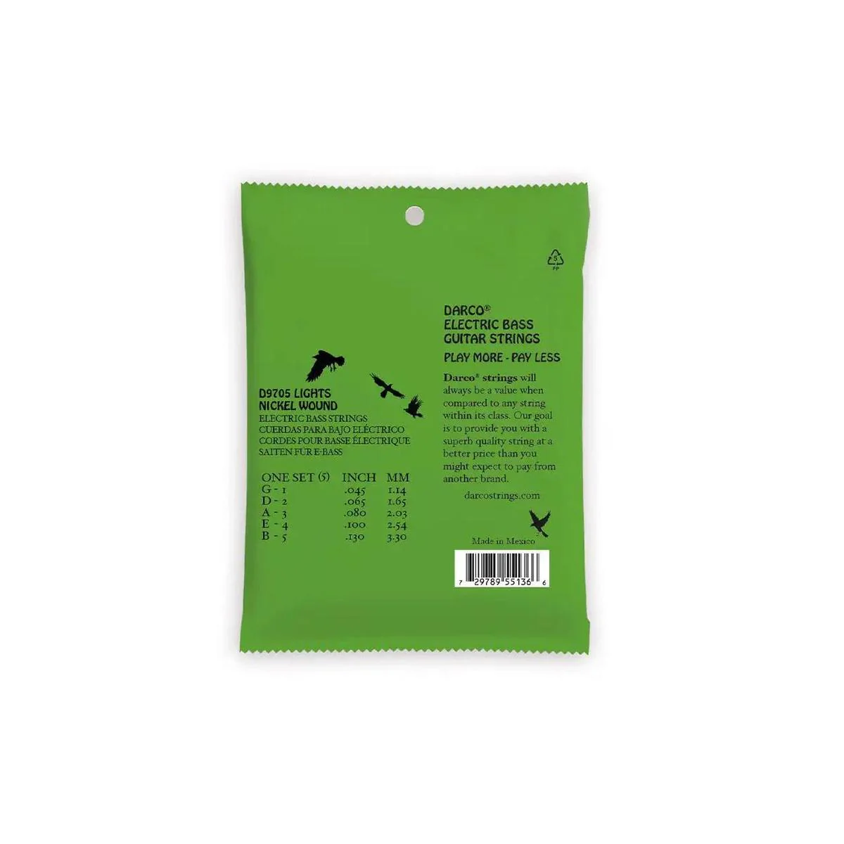 Darco D9705 Nickel Wound 5-String Electric Bass Strings (B-E-A-D-G Tuning) - .045 -.130 Light - Image 2