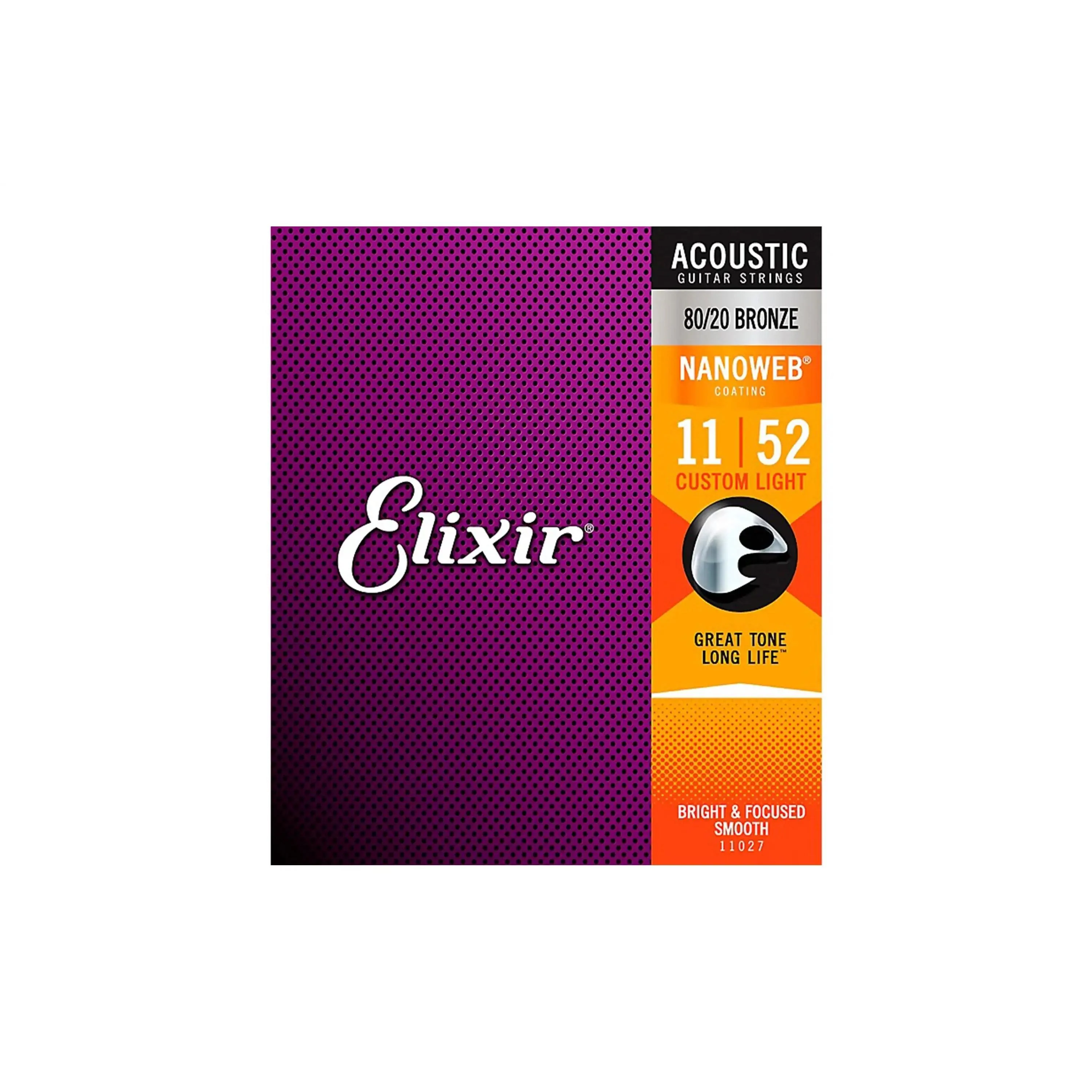 Elixir 11027 Nanoweb 80/20 Bronze Acoustic Guitar Strings - Custom Light .011-.052