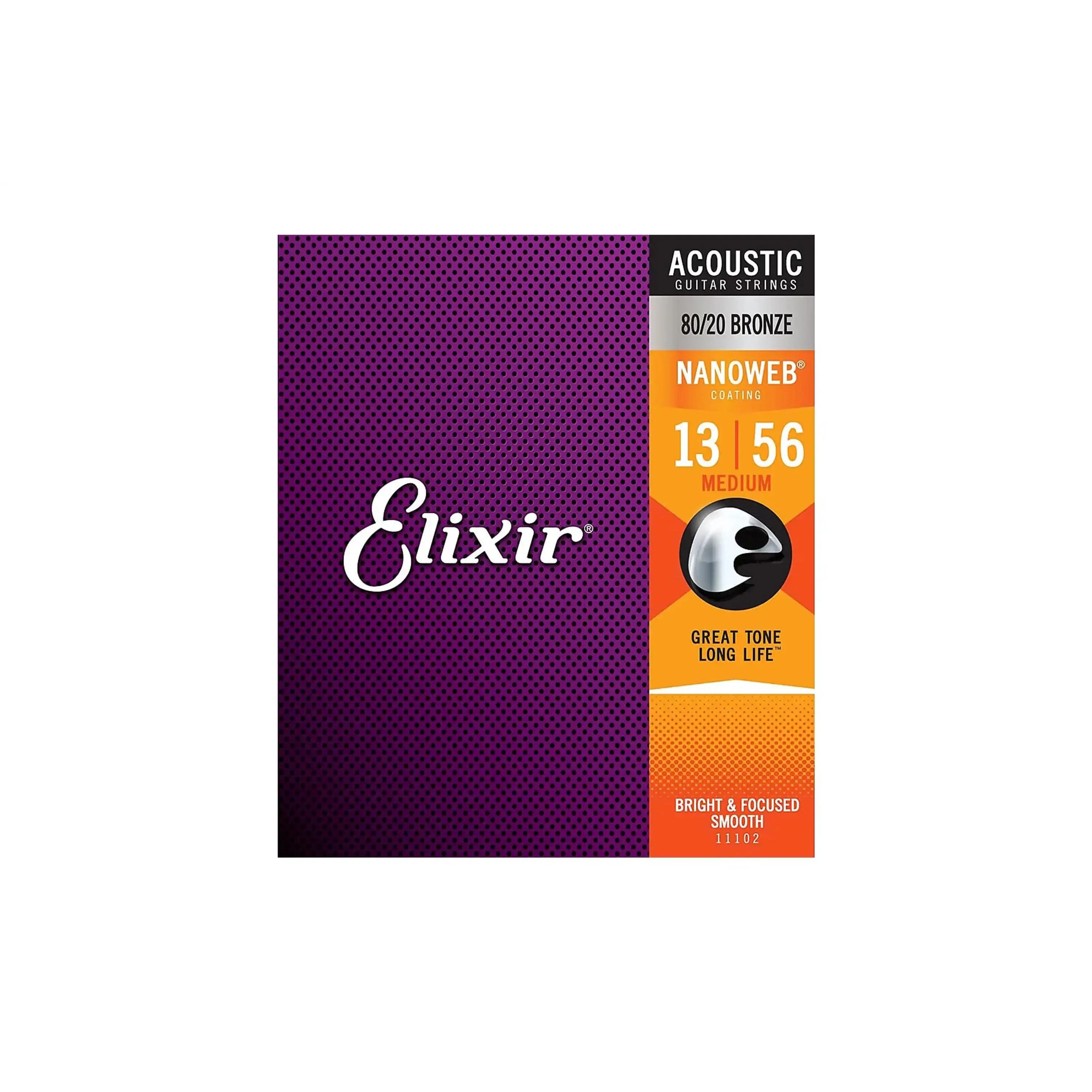 Elixir 11102 Nanoweb 80/20 Bronze Acoustic Guitar Strings - Medium .013-.056