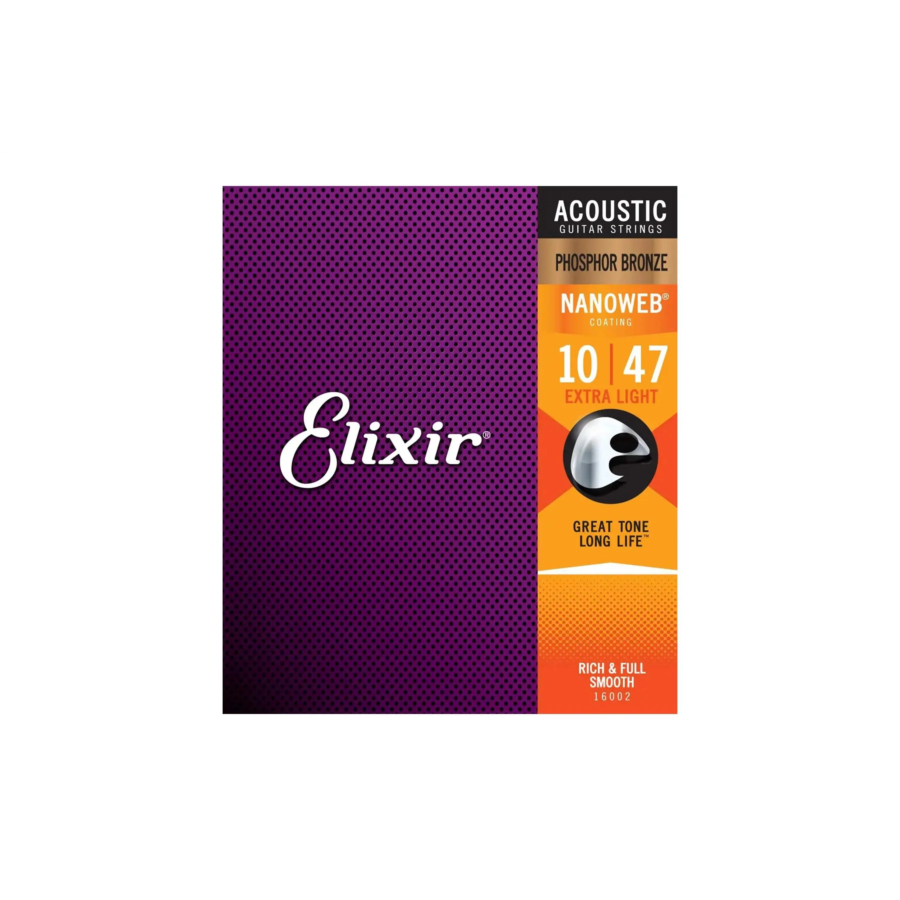 Elixir 16002 Phosphor Bronze With Nanoweb Coating Acoustic Guitar Strings - Extra Light .010-.047