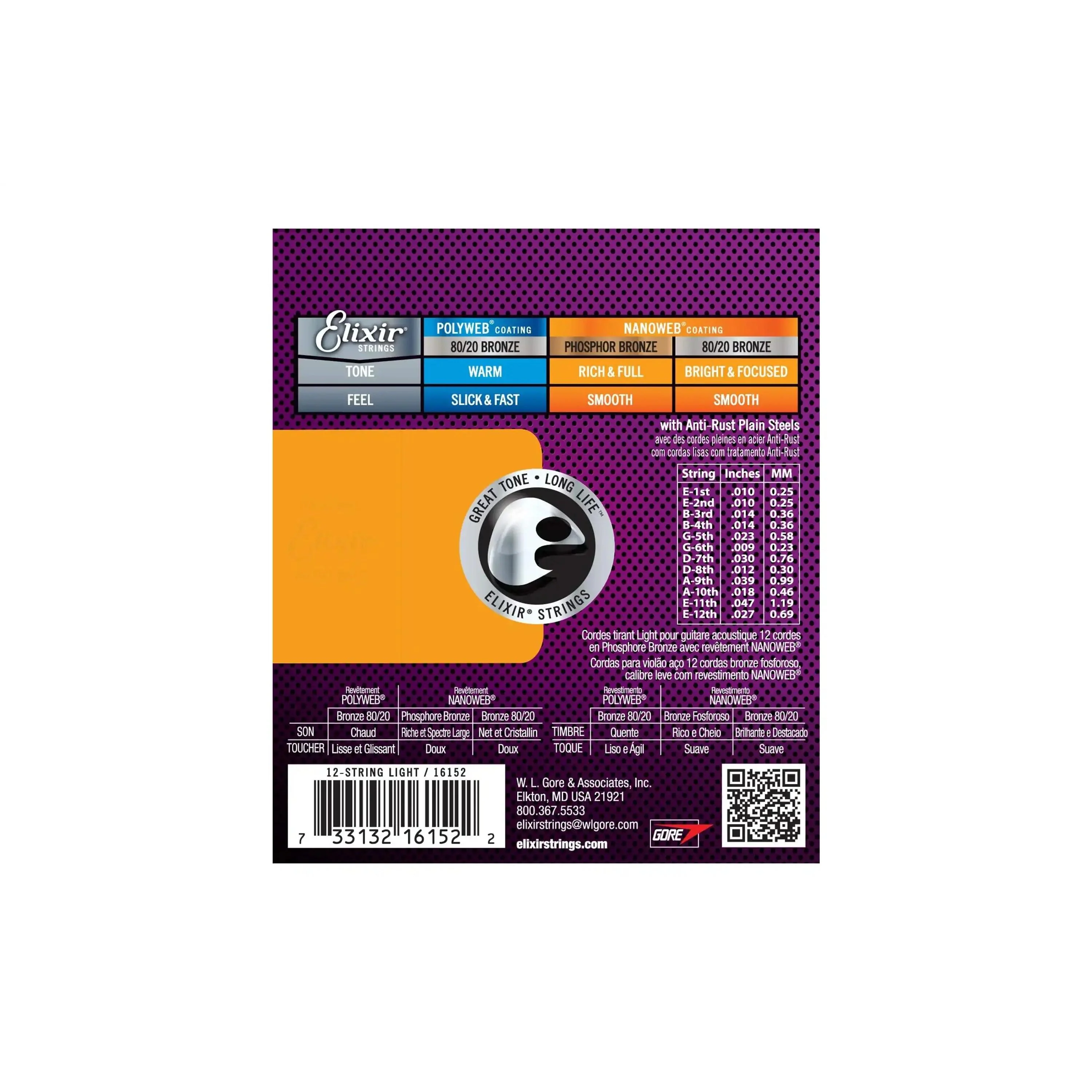 Elixir 16152 Phosphor Bronze With Nanoweb Coating Acoustic 12-String Guitar Strings - Light .010-.047 - Image 2